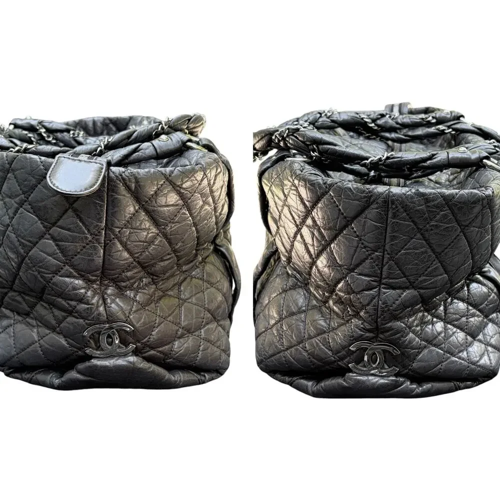 Chanel Lady Braid Black Aged Calfskin Quilted Duffel Tote Braided Chain w/ COA